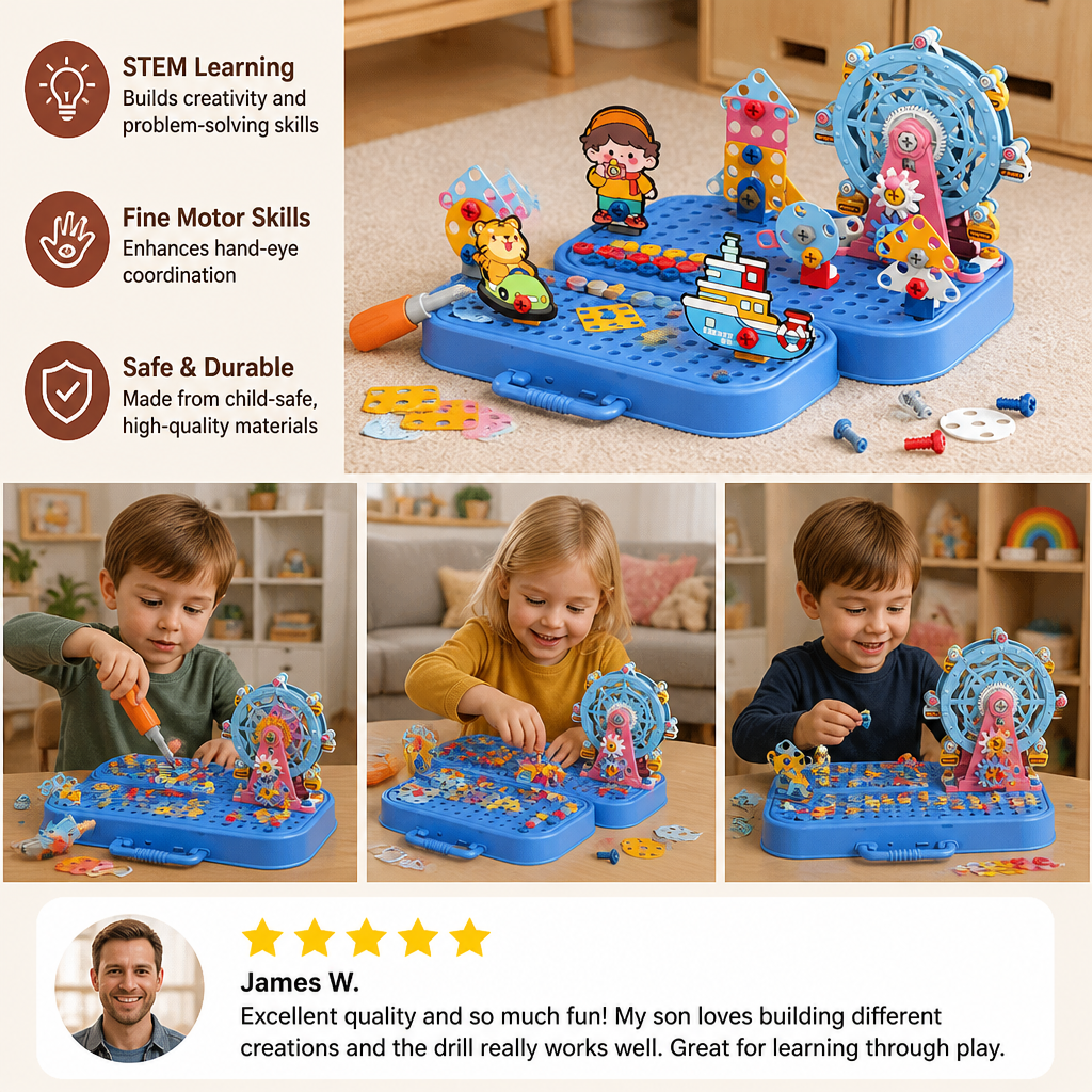 DIY Kids Engineering Tool Box with Building Board, Ferris Wheel & Electric Drill
