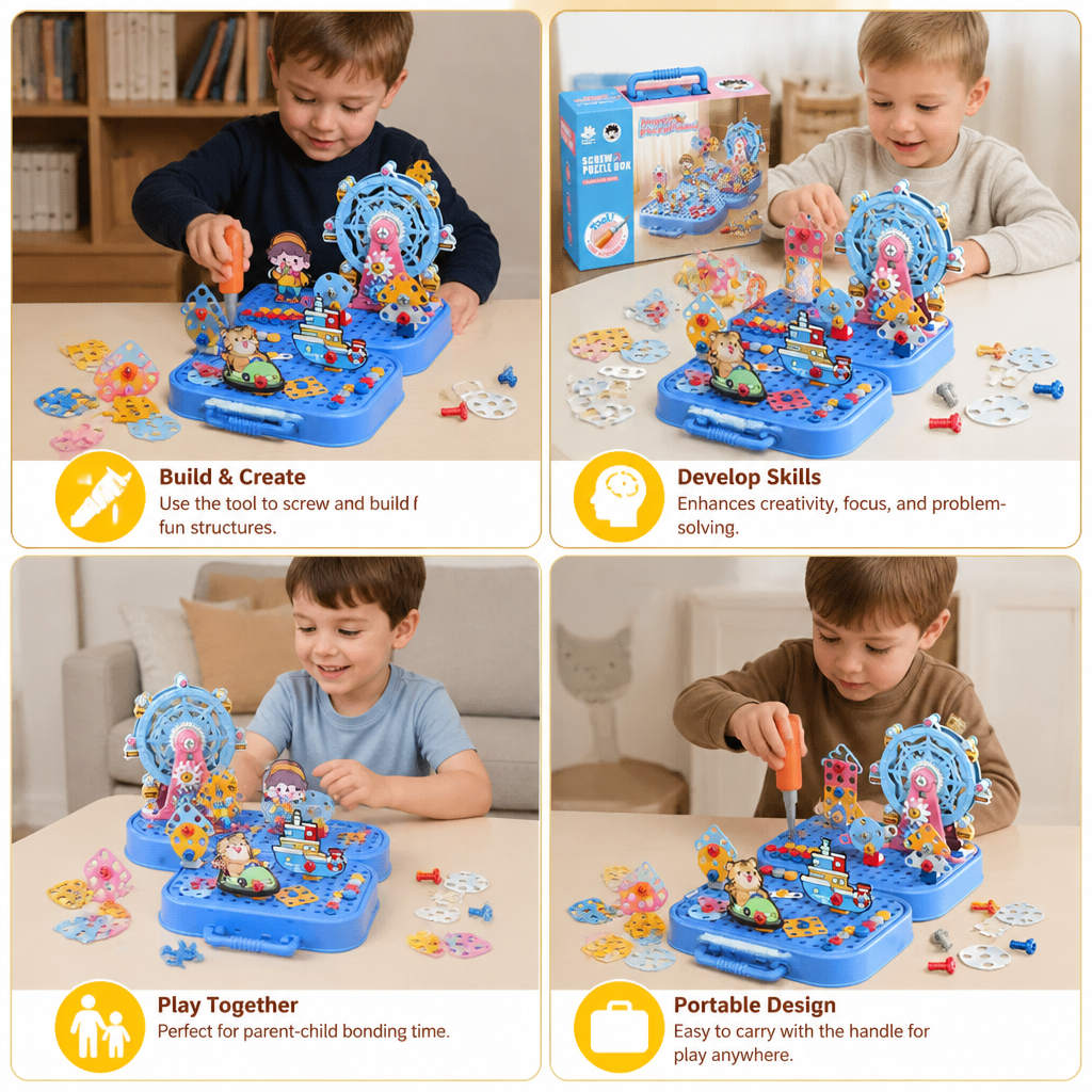 DIY Kids Engineering Tool Box with Building Board, Ferris Wheel & Electric Drill