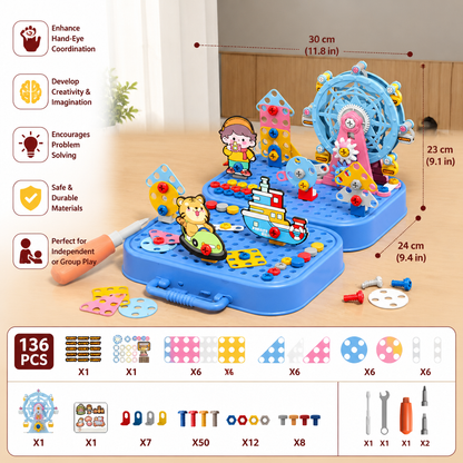 DIY Kids Engineering Tool Box with Building Board, Ferris Wheel & Electric Drill