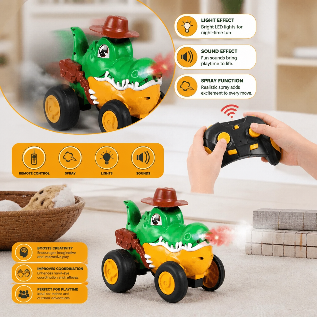 Remote Control Crocodile Stunt Car – Lights, Spray & Sound Effects