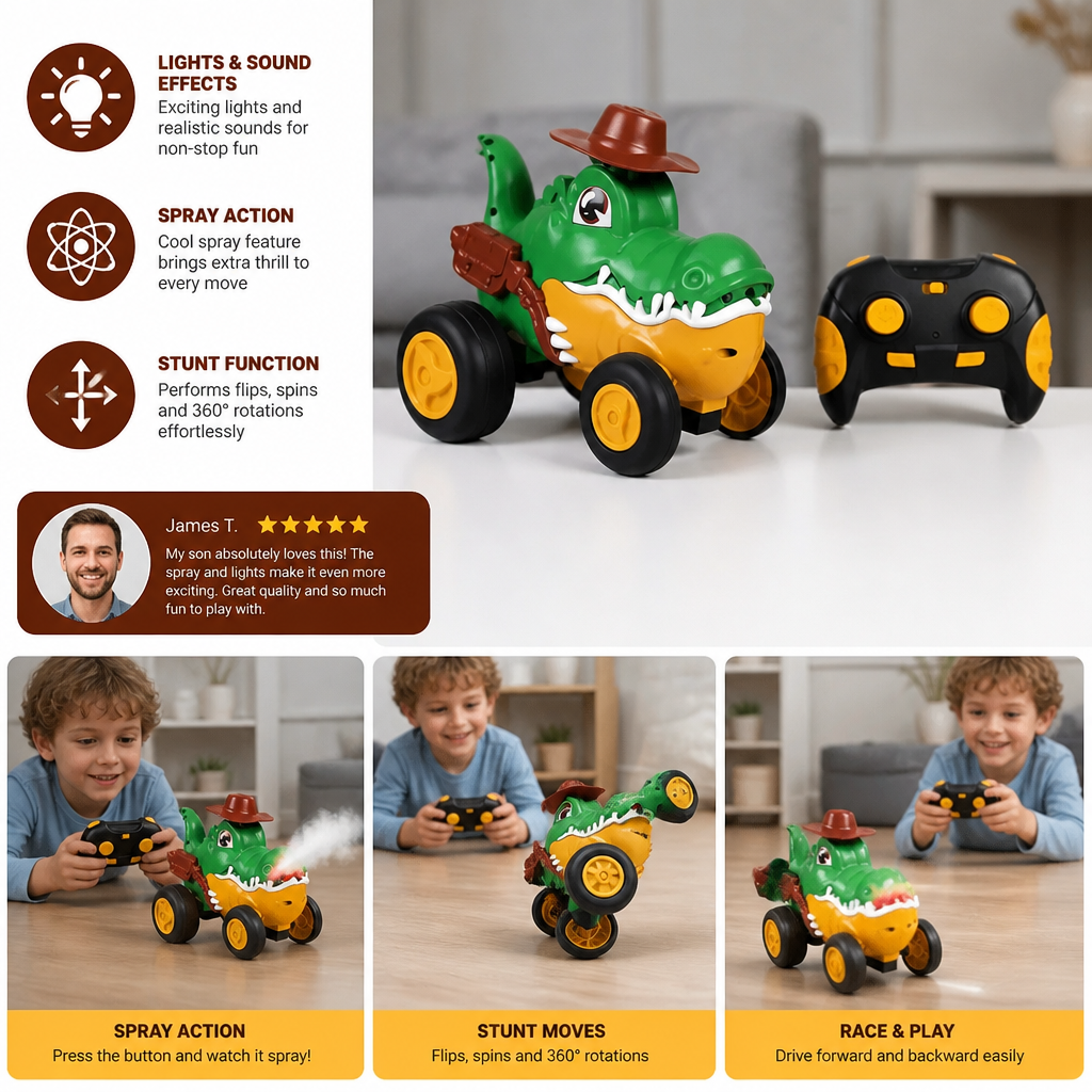 Remote Control Crocodile Stunt Car – Lights, Spray & Sound Effects