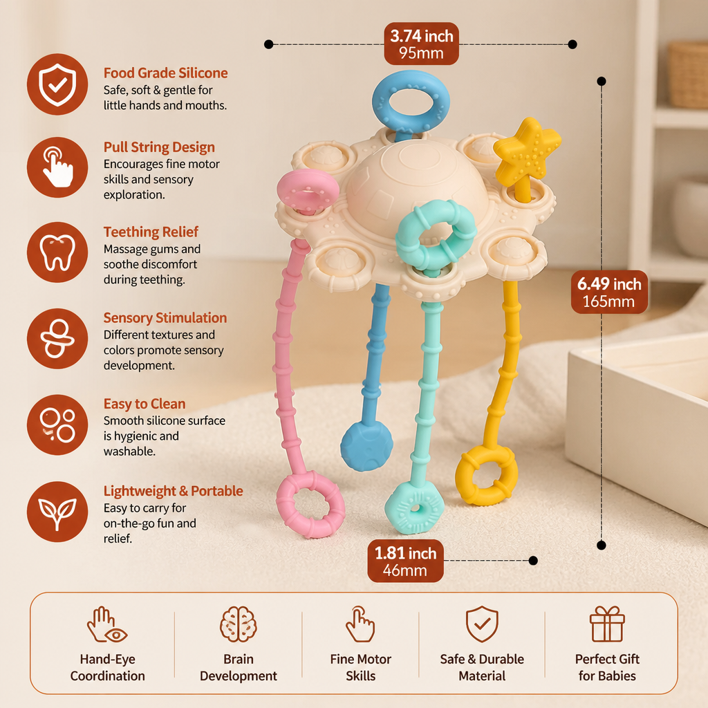 Montessori Sensory Pull & Explore Teething Toy – Silicone Pull Cord for Tactile Learning & Gum Relief