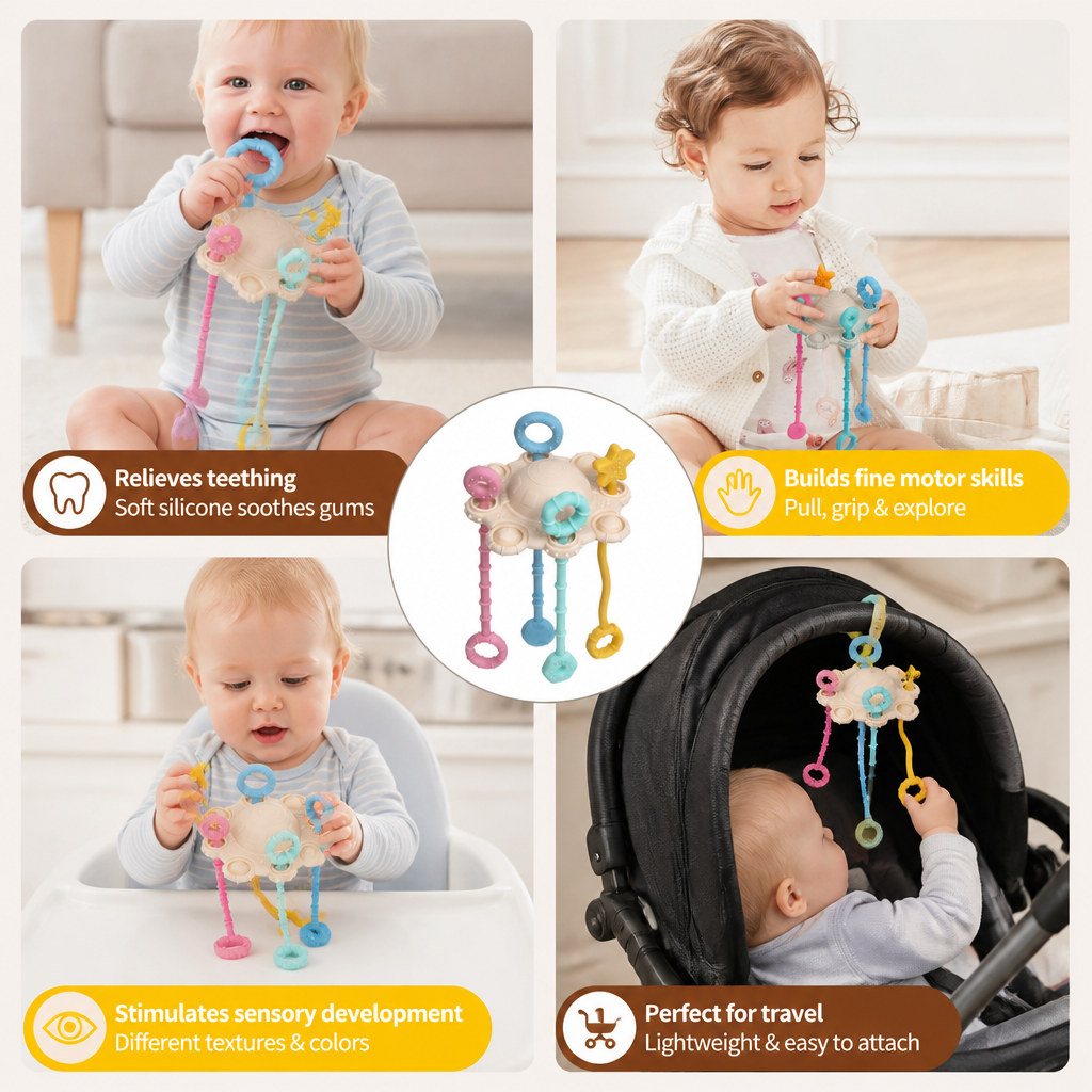 Montessori Sensory Pull & Explore Teething Toy – Silicone Pull Cord for Tactile Learning & Gum Relief