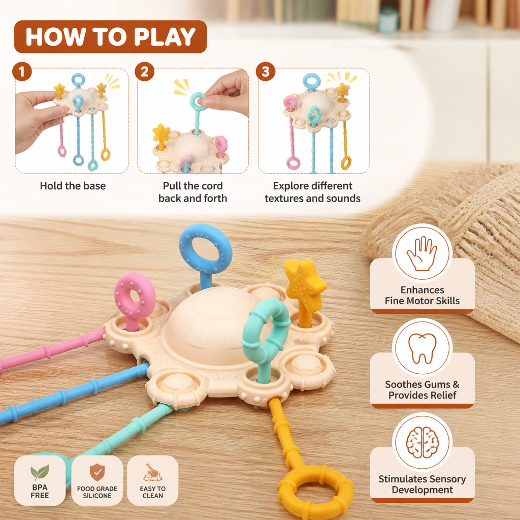 Montessori Sensory Pull & Explore Teething Toy – Silicone Pull Cord for Tactile Learning & Gum Relief