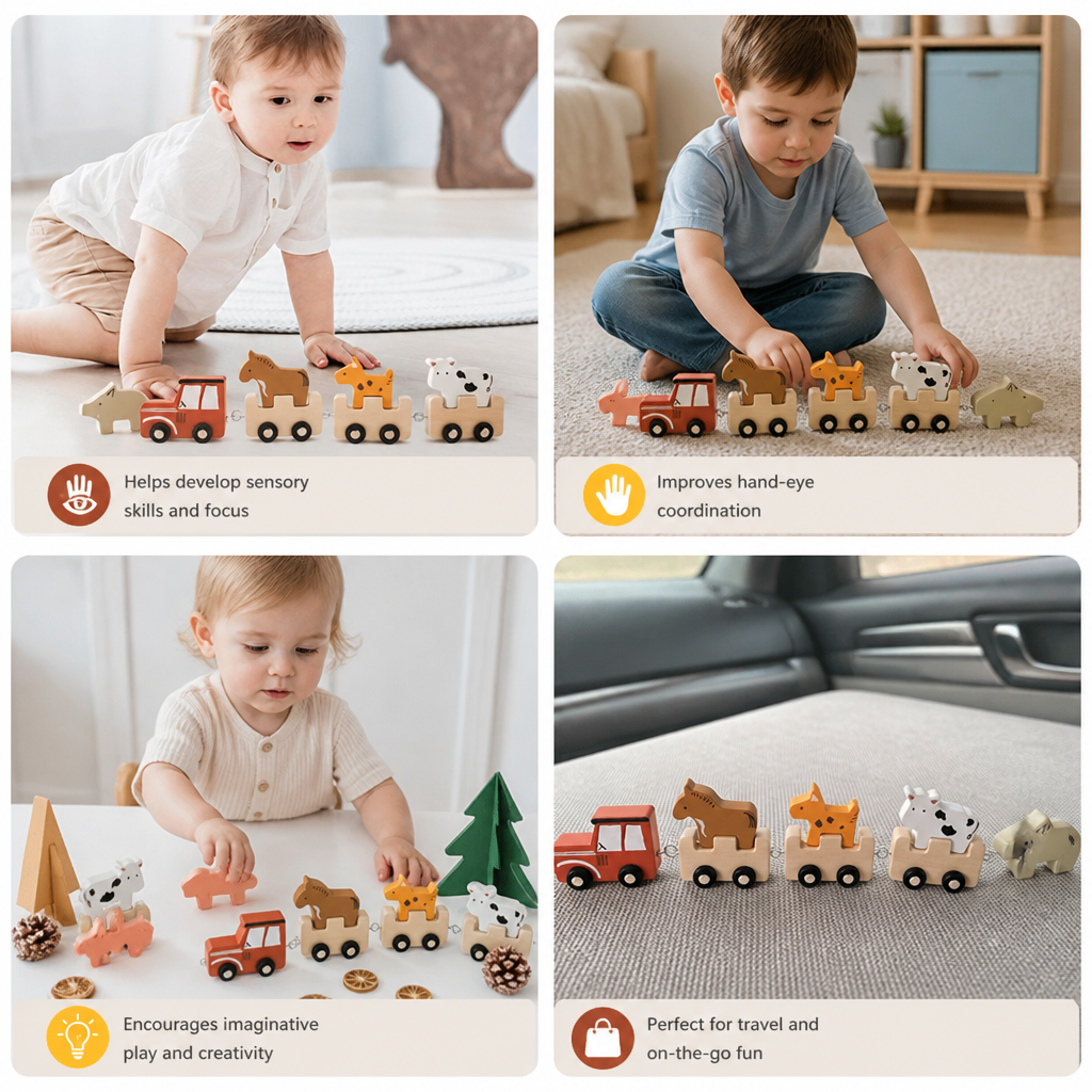 Wooden Farm Animal Train – Toy with Flexible Wheels for Children