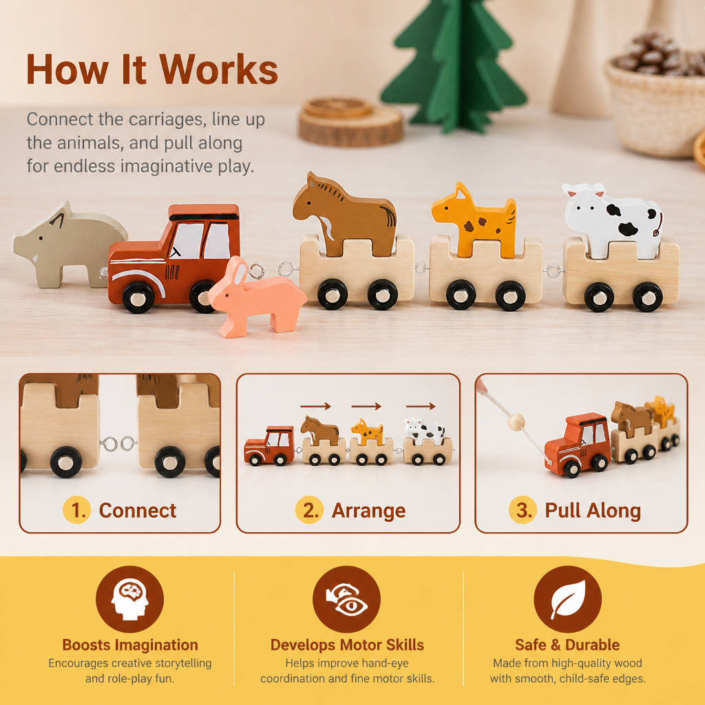 Wooden Farm Animal Train – Toy with Flexible Wheels for Children