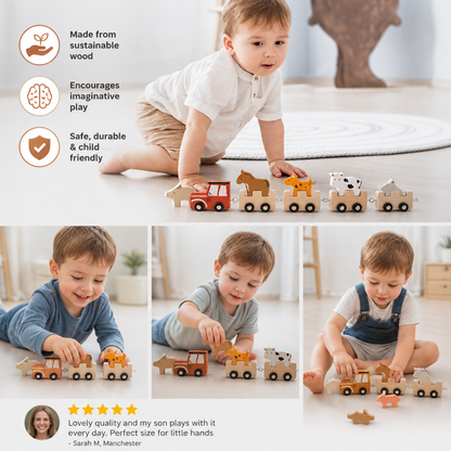 Wooden Farm Animal Train – Toy with Flexible Wheels for Children