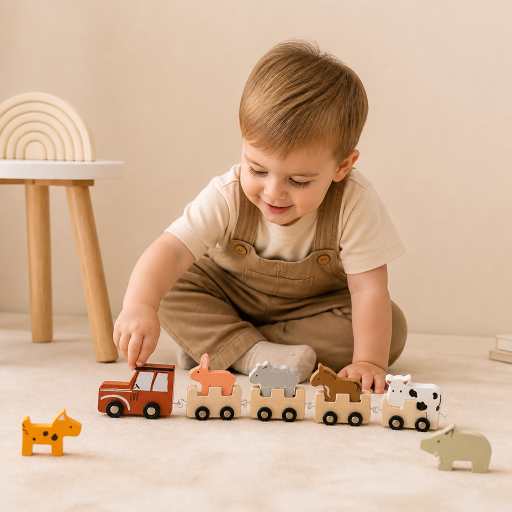Wooden Farm Animal Train – Toy with Flexible Wheels for Children
