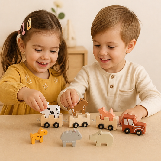 Wooden Farm Animal Train – Toy with Flexible Wheels for Children