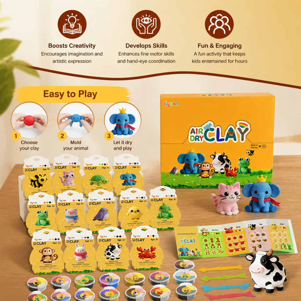 12-Piece Air Dry Clay Animal Craft Kit for Kids