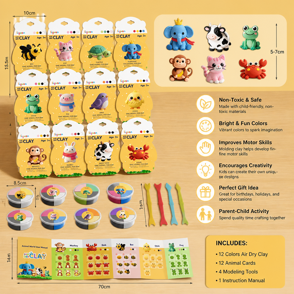 12-Piece Air Dry Clay Animal Craft Kit for Kids