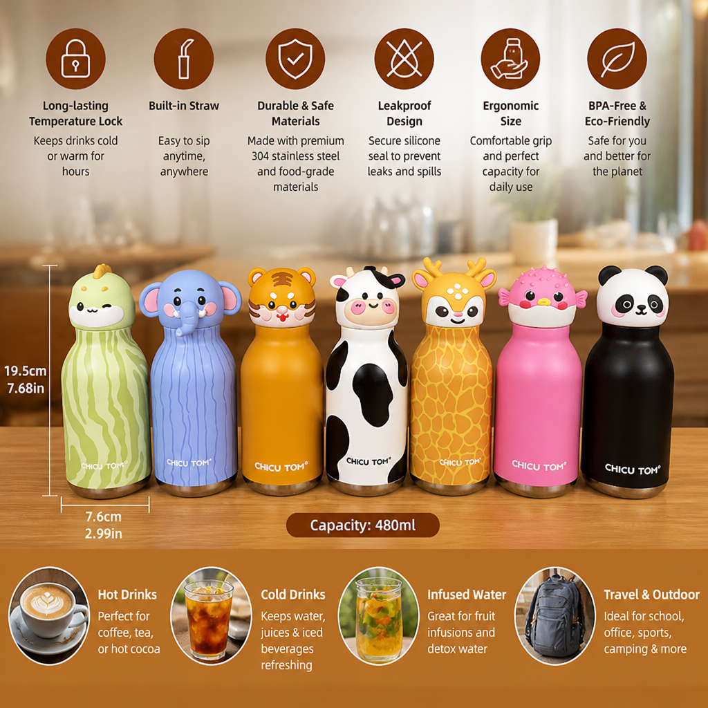 Cute Cartoon Animal Insulated Stainless Steel Straw Cup – 480ml