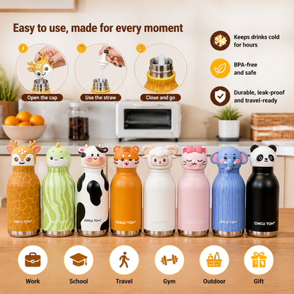 Cute Cartoon Animal Insulated Stainless Steel Straw Cup – 480ml