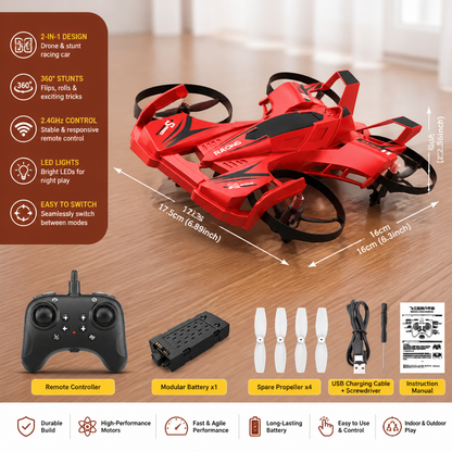 2-in-1 Remote Control Flying Drone & Stunt Racing Car