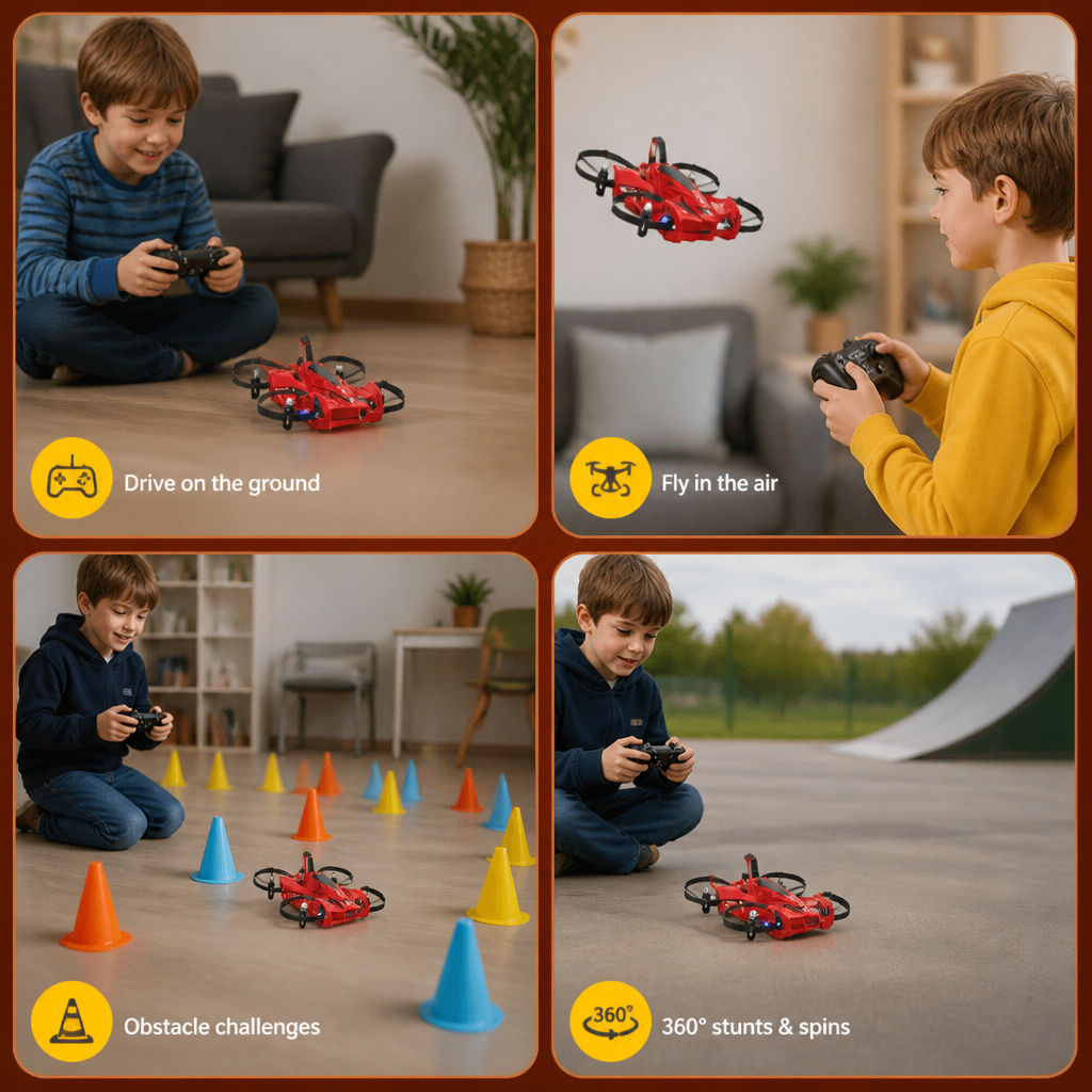 2-in-1 Remote Control Flying Drone & Stunt Racing Car