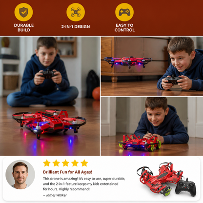 2-in-1 Remote Control Flying Drone & Stunt Racing Car