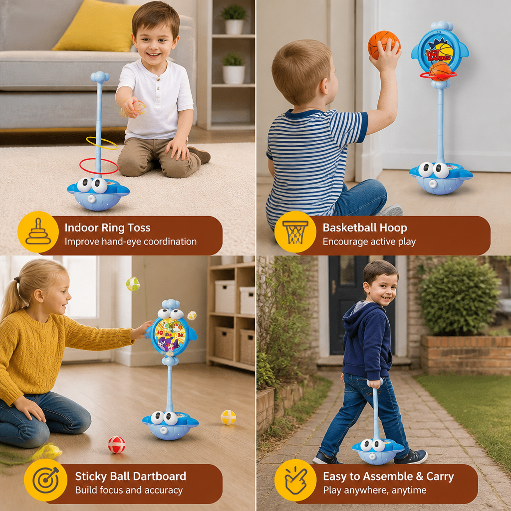 3-in-1 Educational Activity Game – Ring Toss, Basketball & Sticky Ball