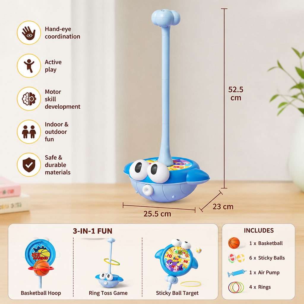 3-in-1 Educational Activity Game – Ring Toss, Basketball & Sticky Ball