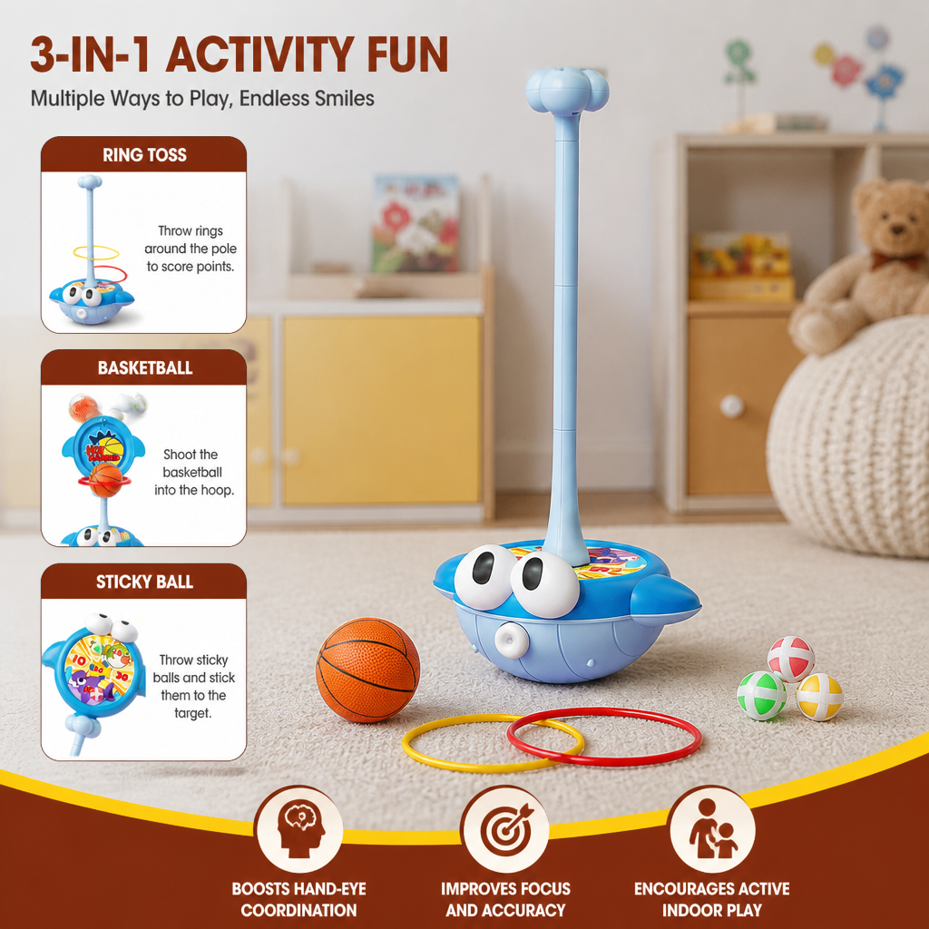 3-in-1 Educational Activity Game – Ring Toss, Basketball & Sticky Ball