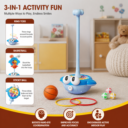 3-in-1 Educational Activity Game – Ring Toss, Basketball & Sticky Ball