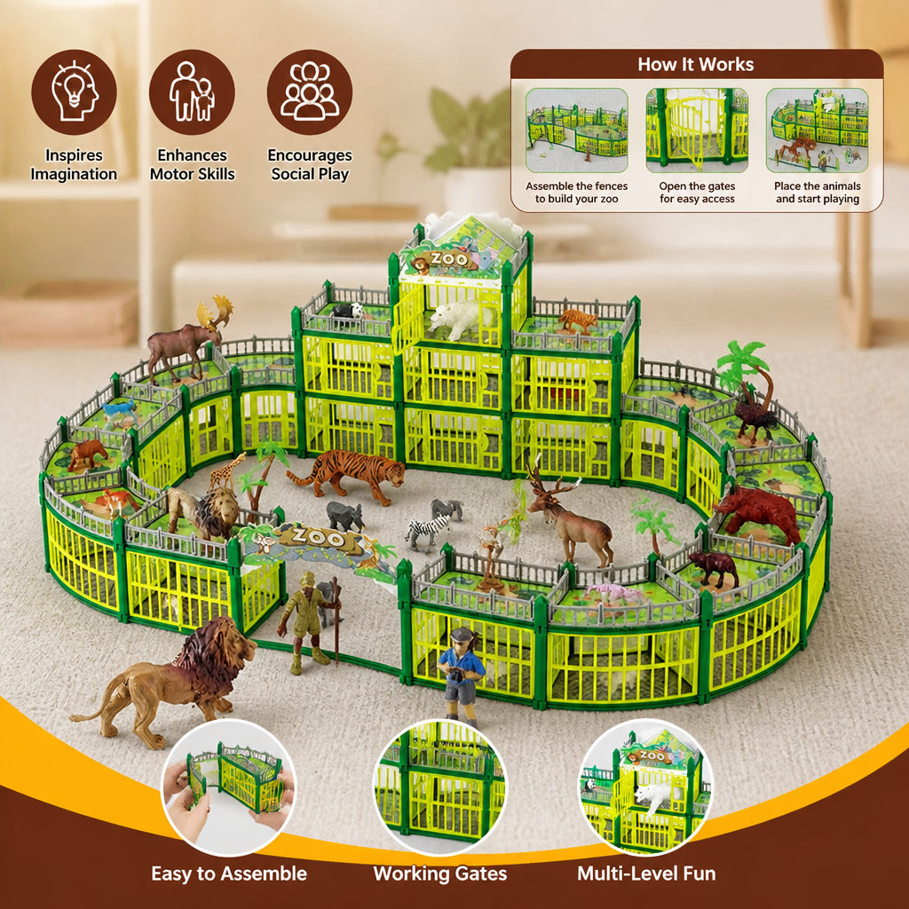 Modular Build-Your-Own Zoo Playset with Animal Figures & Interactive Cages