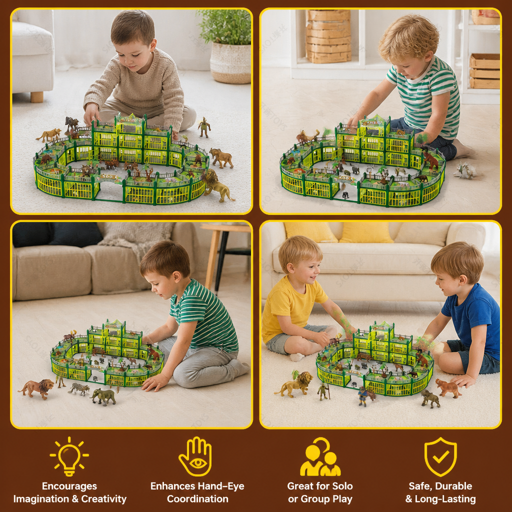 Modular Build-Your-Own Zoo Playset with Animal Figures & Interactive Cages