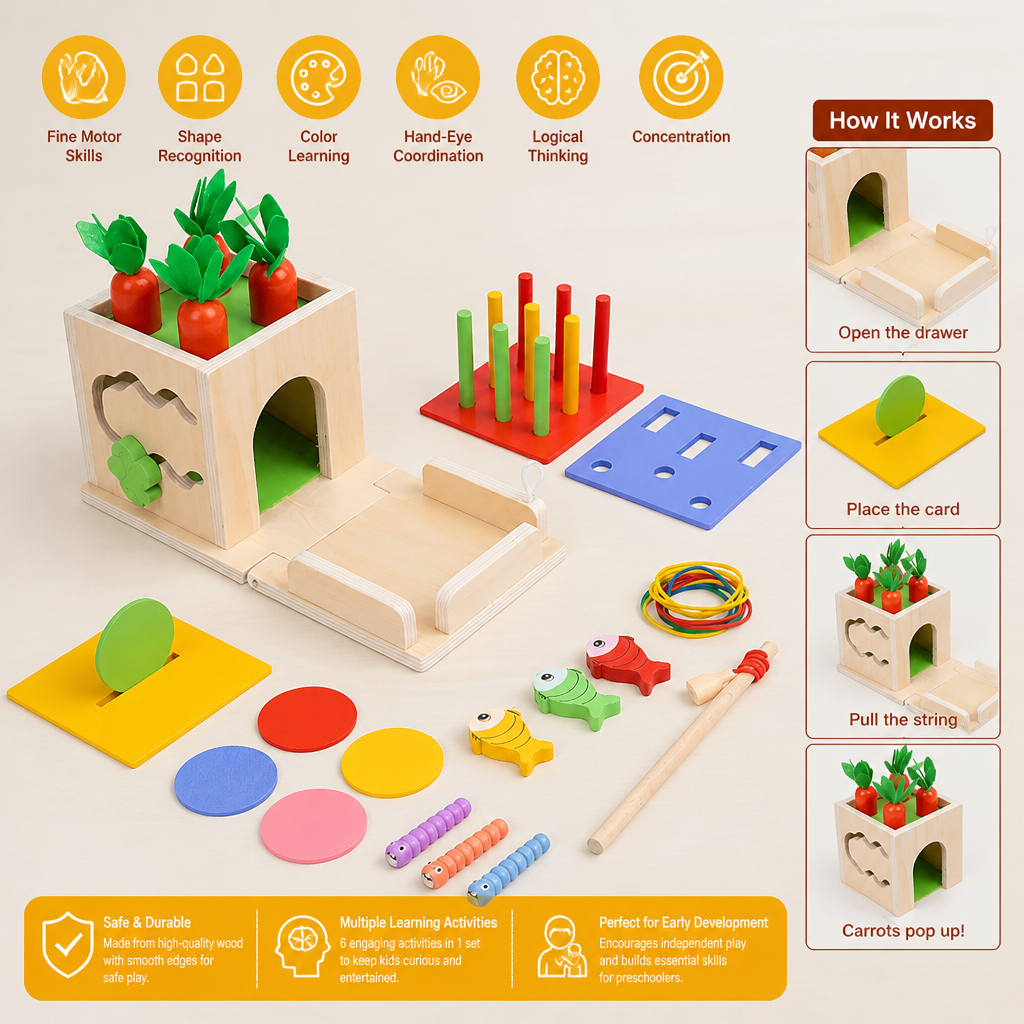 6-in-1 Montessori Wooden Shapes and Figures Educational Cube