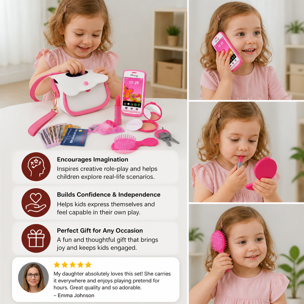 Kids Pretend Play Handbag Set with Phone, Makeup & Accessories