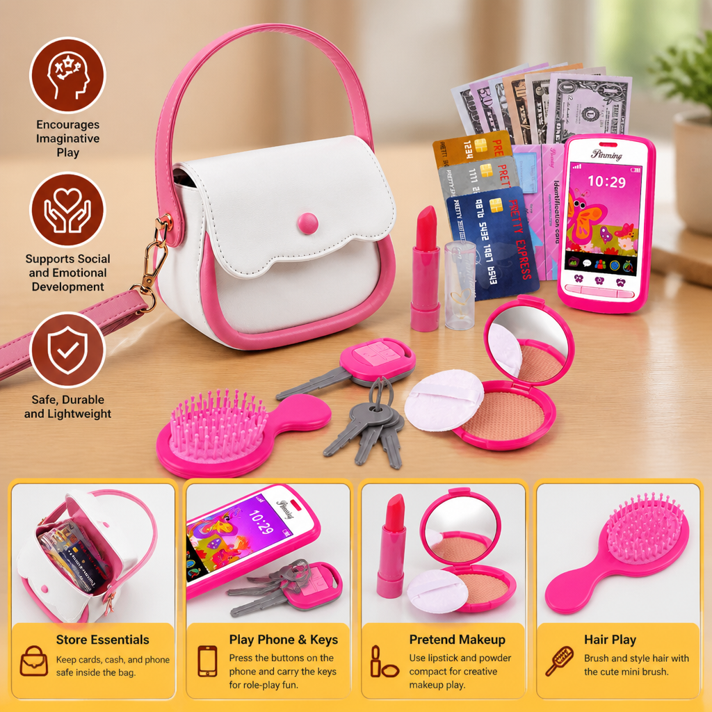 Kids Pretend Play Handbag Set with Phone, Makeup & Accessories