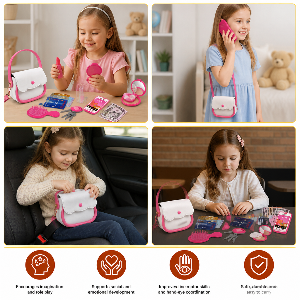 Kids Pretend Play Handbag Set with Phone, Makeup & Accessories