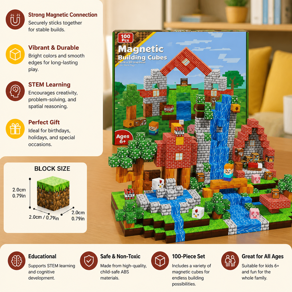 100-Piece Magnetic Building Cube Set – Montessori STEM Construction Toy for Kids