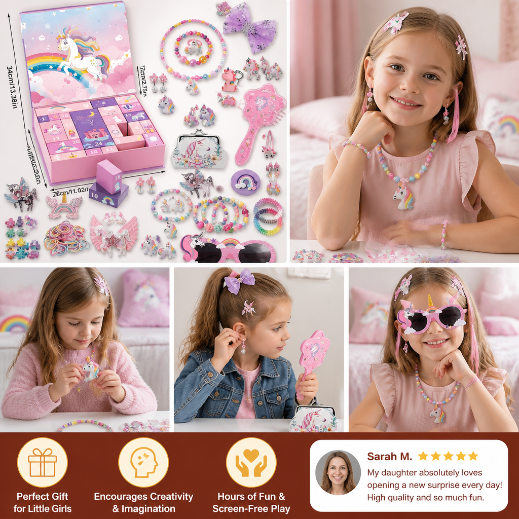 24-Day Unicorn Advent Calendar with Hair Accessories, Stickers & Surprise Gifts
