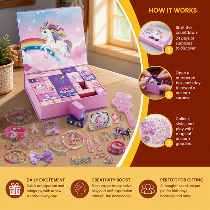24-Day Unicorn Advent Calendar with Hair Accessories, Stickers & Surprise Gifts