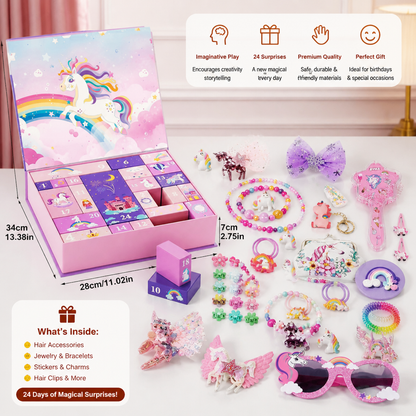 24-Day Unicorn Advent Calendar with Hair Accessories, Stickers & Surprise Gifts