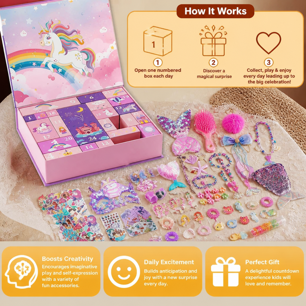 24-Day Mermaid Advent Calendar with Hair Accessories, Stickers & Surprise Gifts