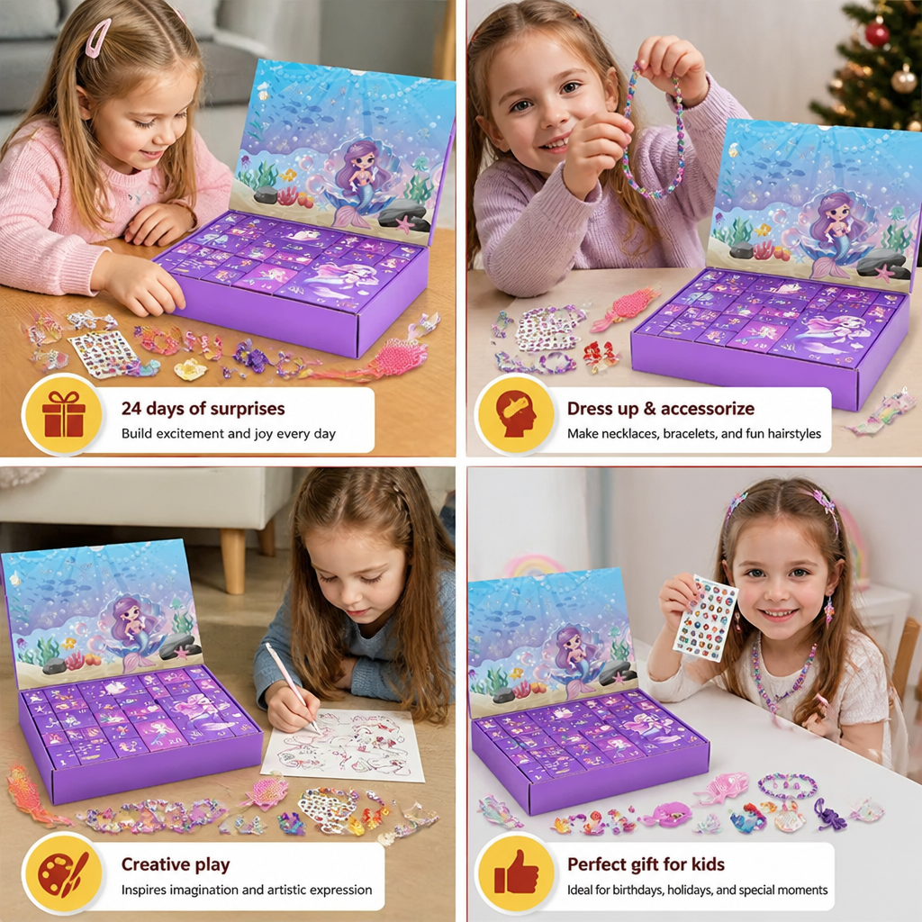 24-Day Mermaid Advent Calendar with Hair Accessories, Stickers & Surprise Gifts