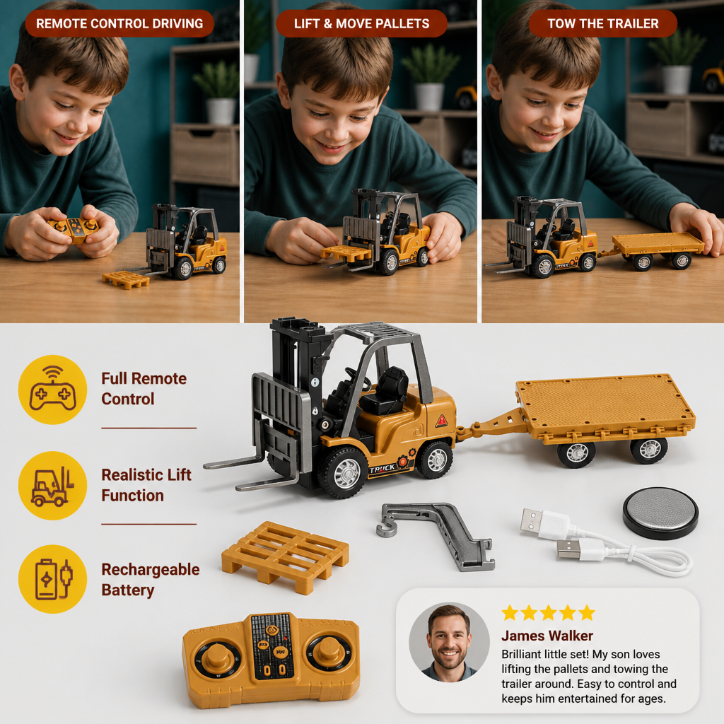 1:64 Scale RC Construction Vehicles – Forklift, Excavator, Dump Truck & Bulldozer