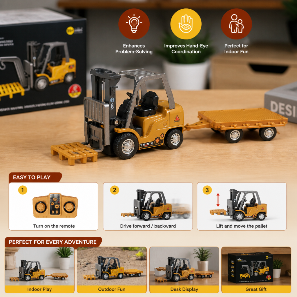 1:64 Scale RC Construction Vehicles – Forklift, Excavator, Dump Truck & Bulldozer