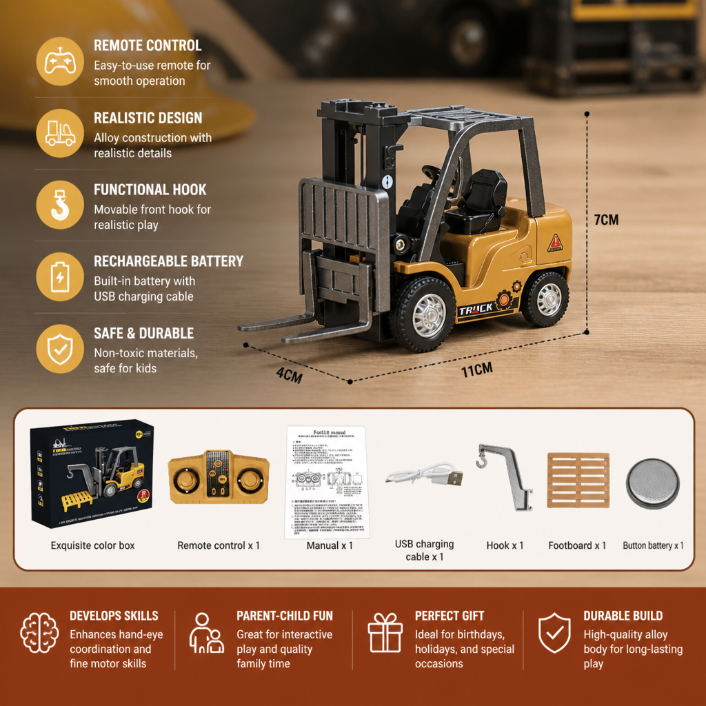1:64 Scale RC Construction Vehicles – Forklift, Excavator, Dump Truck & Bulldozer