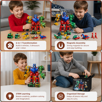 6-in-1 Magnetic Transforming Toy – Build 6 Vehicles, 3 Dinosaurs & 1 Robot
