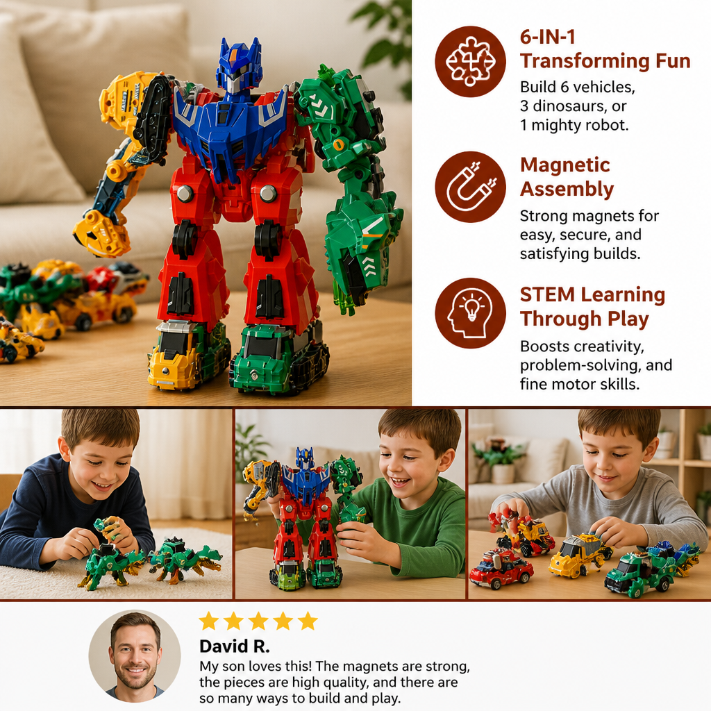 6-in-1 Magnetic Transforming Toy – Build 6 Vehicles, 3 Dinosaurs & 1 Robot