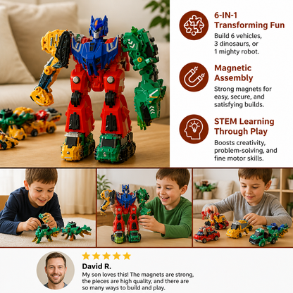 6-in-1 Magnetic Transforming Toy – Build 6 Vehicles, 3 Dinosaurs & 1 Robot