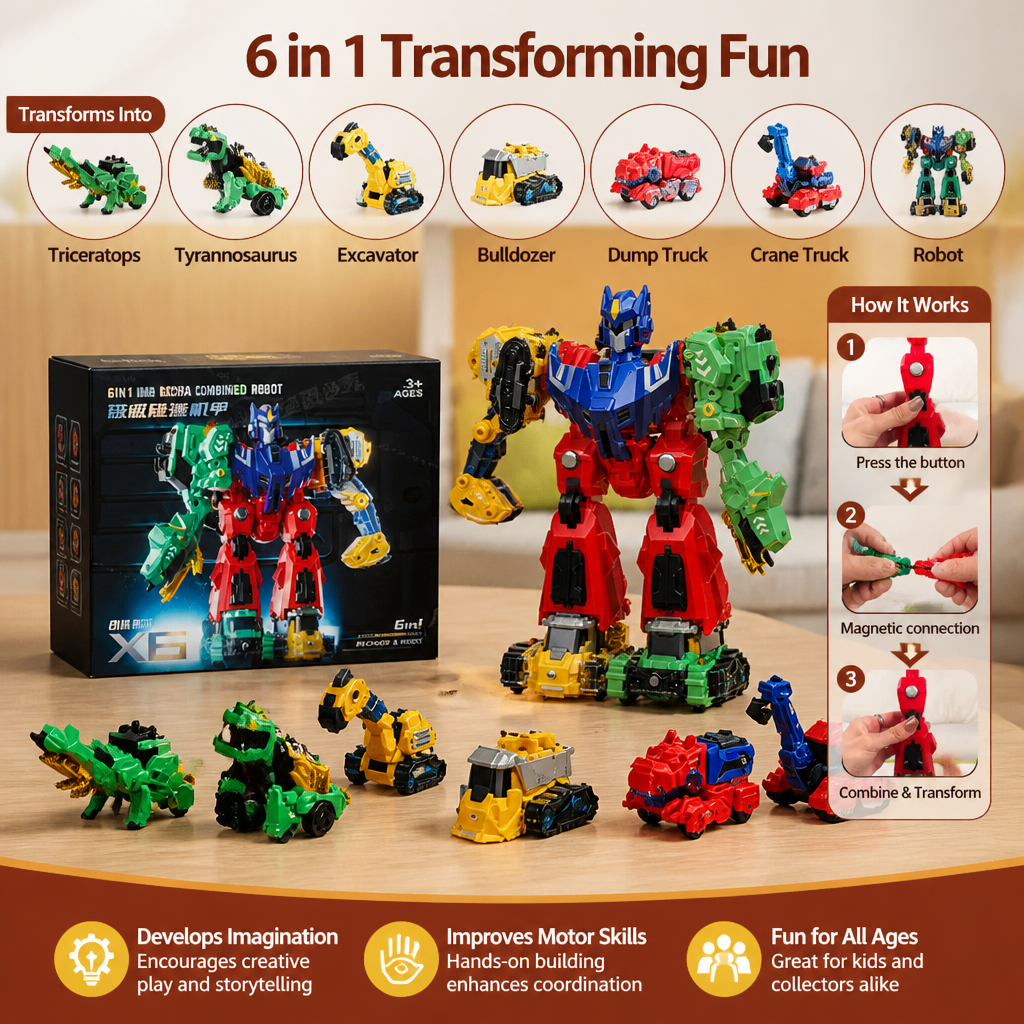 6-in-1 Magnetic Transforming Toy – Build 6 Vehicles, 3 Dinosaurs & 1 Robot