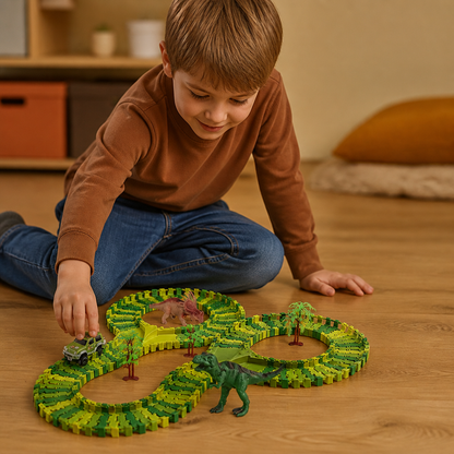 215-Piece Dinosaur Race Track Set with Motorized Cars, Bridge & Dinosaur Figures