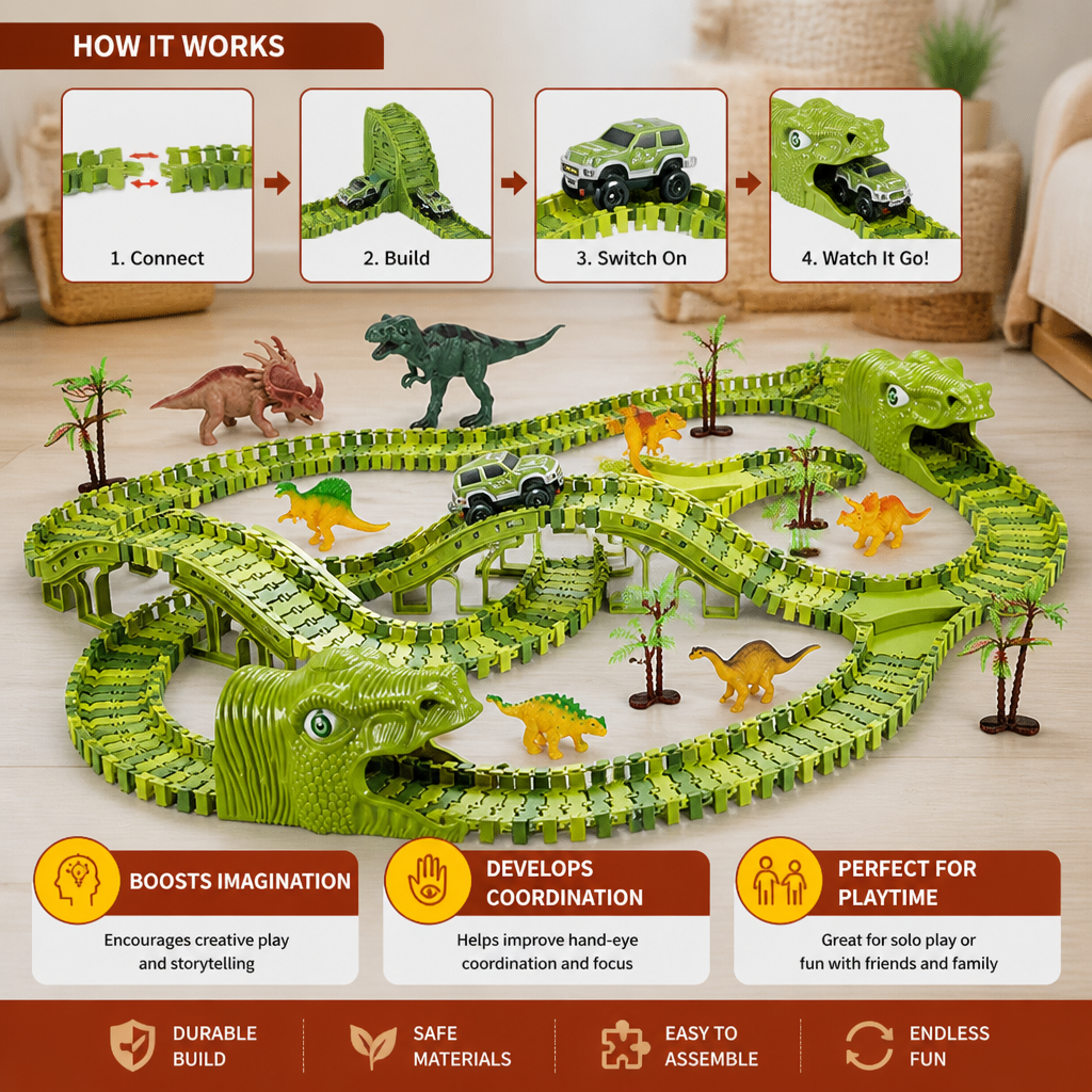 215-Piece Dinosaur Race Track Set with Motorized Cars, Bridge & Dinosaur Figures