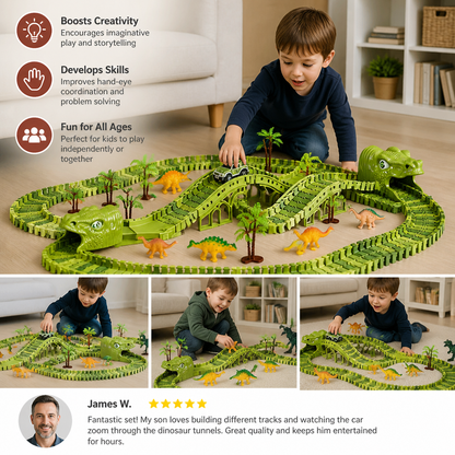 215-Piece Dinosaur Race Track Set with Motorized Cars, Bridge & Dinosaur Figures