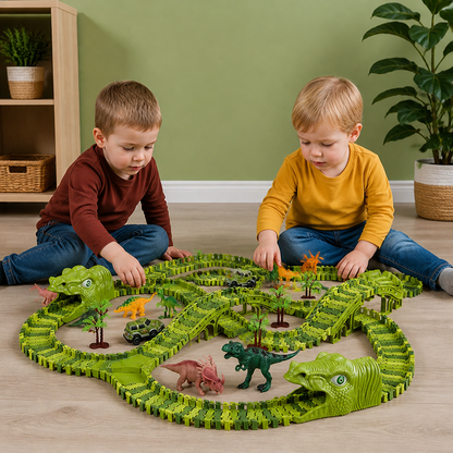 215-Piece Dinosaur Race Track Set with Motorized Cars, Bridge & Dinosaur Figures