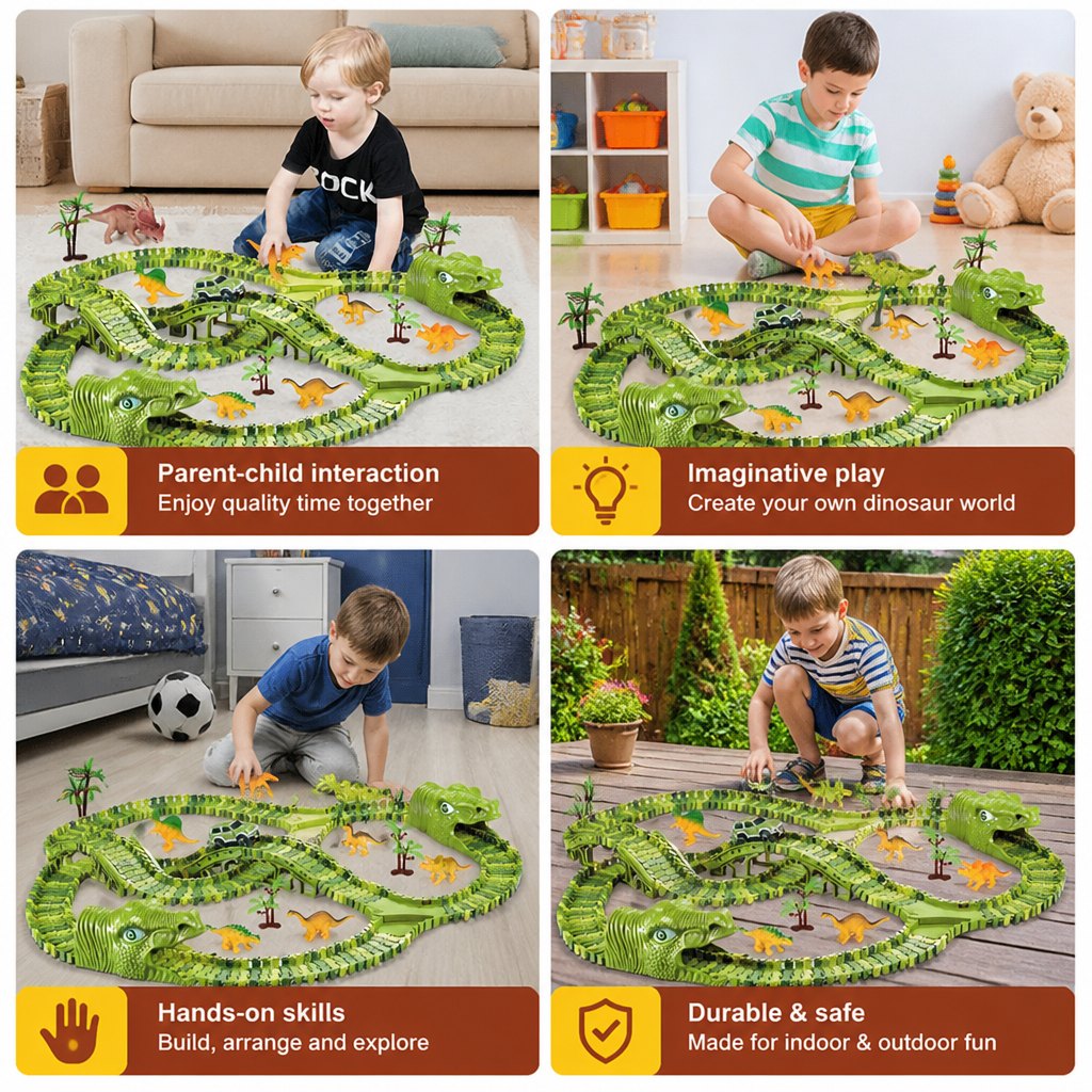 215-Piece Dinosaur Race Track Set with Motorized Cars, Bridge & Dinosaur Figures