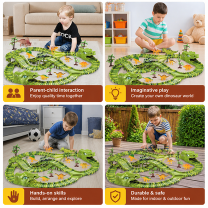 215-Piece Dinosaur Race Track Set with Motorized Cars, Bridge & Dinosaur Figures