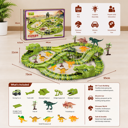 215-Piece Dinosaur Race Track Set with Motorized Cars, Bridge & Dinosaur Figures